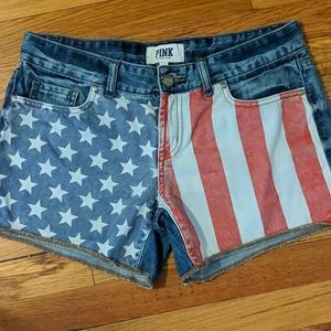 Pink denim flag shorts